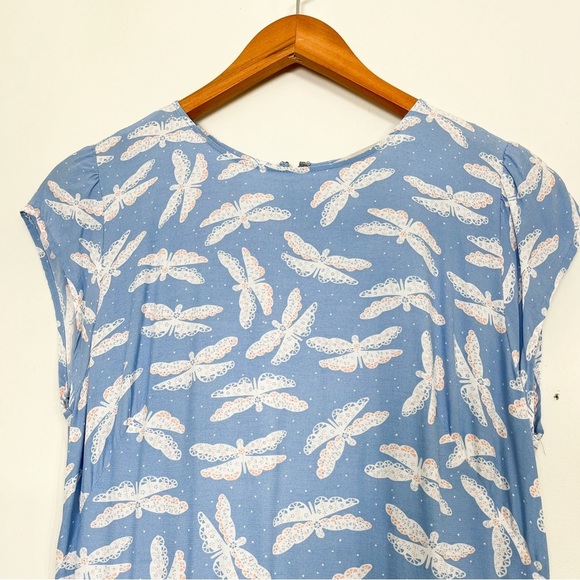 LOFT Butterfly Flutter Sleeve Midi Dress Sz 4 Blue/White Fluid Front‎ Slit - Picture 4 of 8